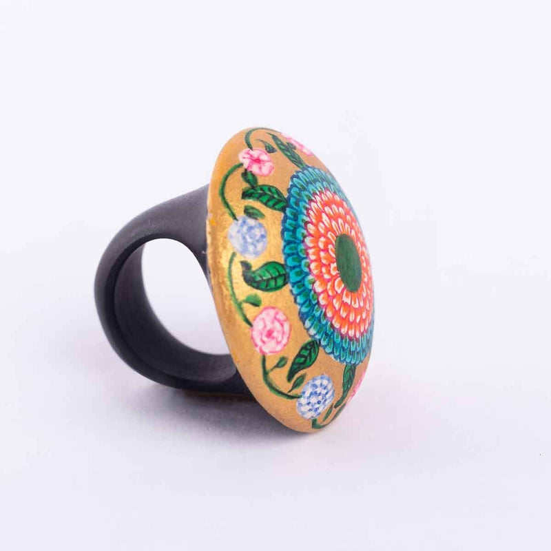 Buy Wooden Ring with Hand Painted Flowers in Mandala Art | Shop Verified Sustainable Womens Rings on Brown Living™