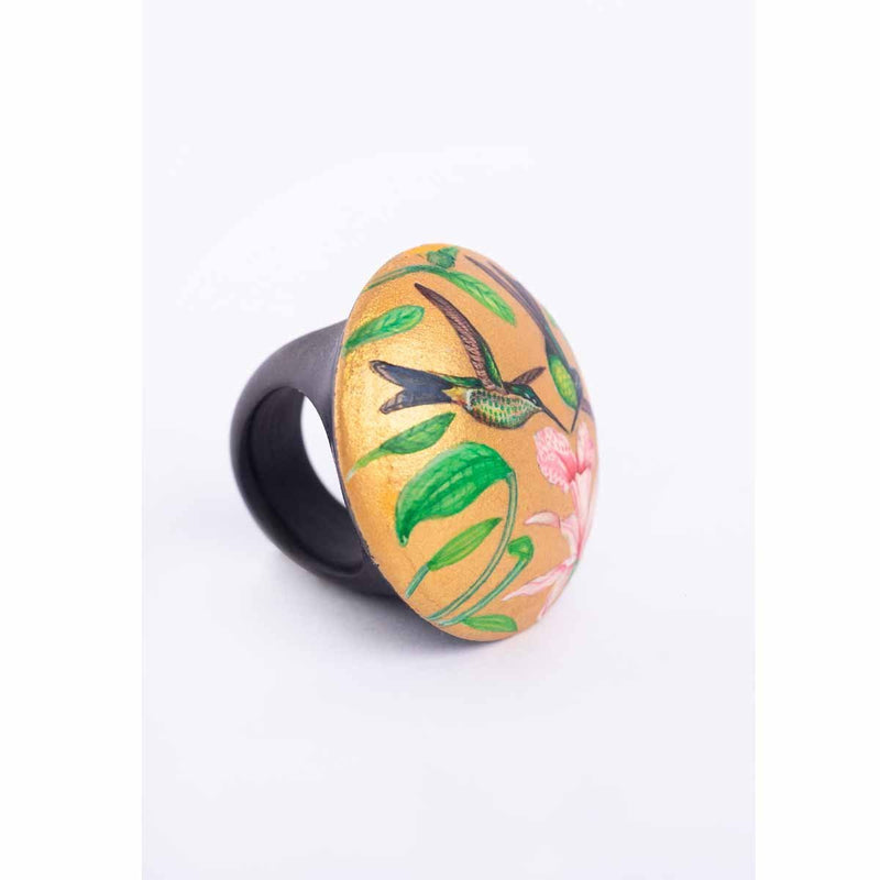 Buy Wooden Ring with Hand Painted Humming Birds and Flower | Shop Verified Sustainable Womens Rings on Brown Living™