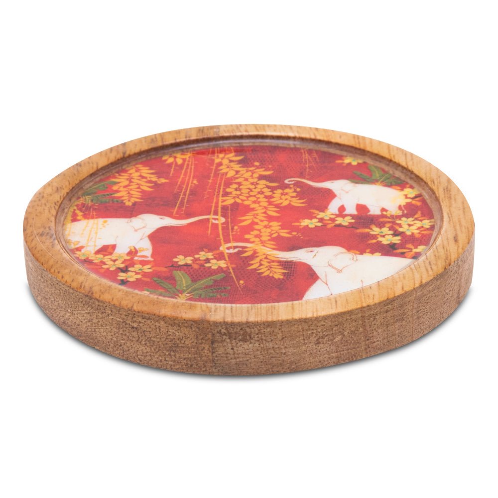 Wooden Round Coasters with Elephant Print Design Set of 2 | Verified Sustainable by Brown Living™