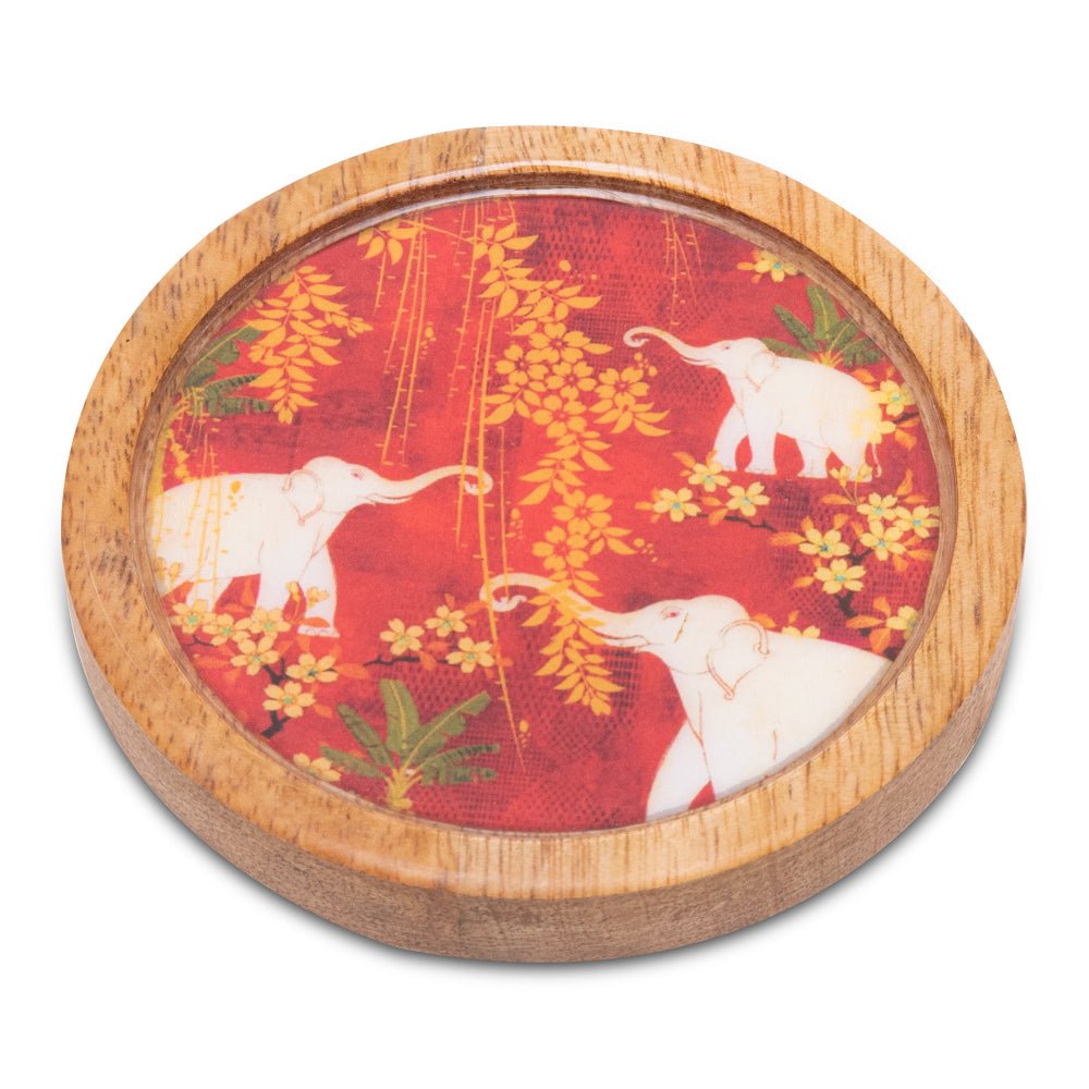 Wooden Round Coasters with Elephant Print Design Set of 2 | Verified Sustainable by Brown Living™