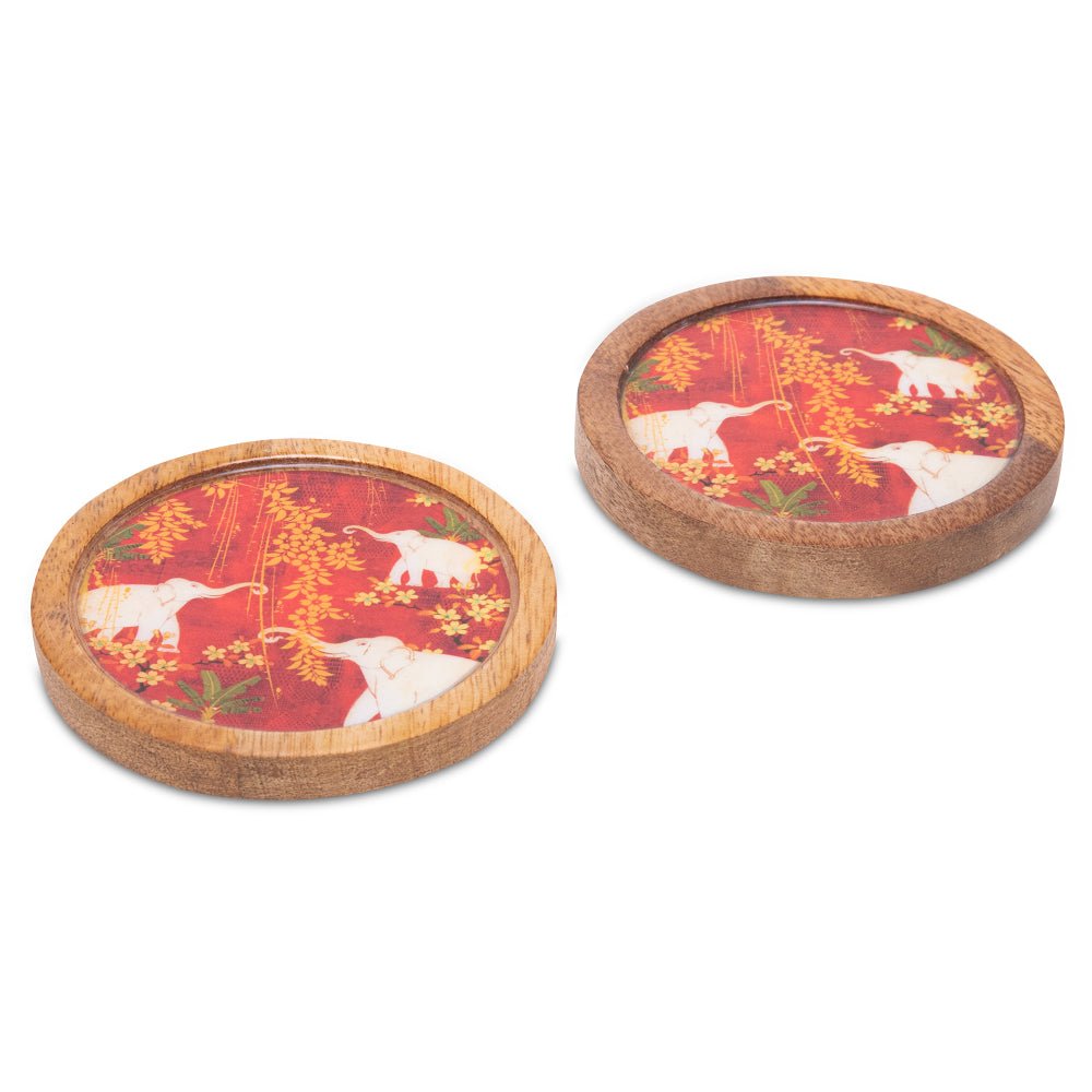 Wooden Round Coasters with Elephant Print Design Set of 2 | Verified Sustainable by Brown Living™