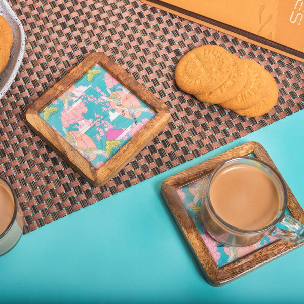Buy Wooden Square Coasters with Blue Bird Design Set of 2 | Shop Verified Sustainable Table Essentials on Brown Living™