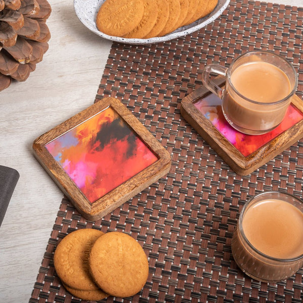 Buy Wooden Square Coasters with Red Abstract Print Design Set of 2 | Shop Verified Sustainable Table Essentials on Brown Living™