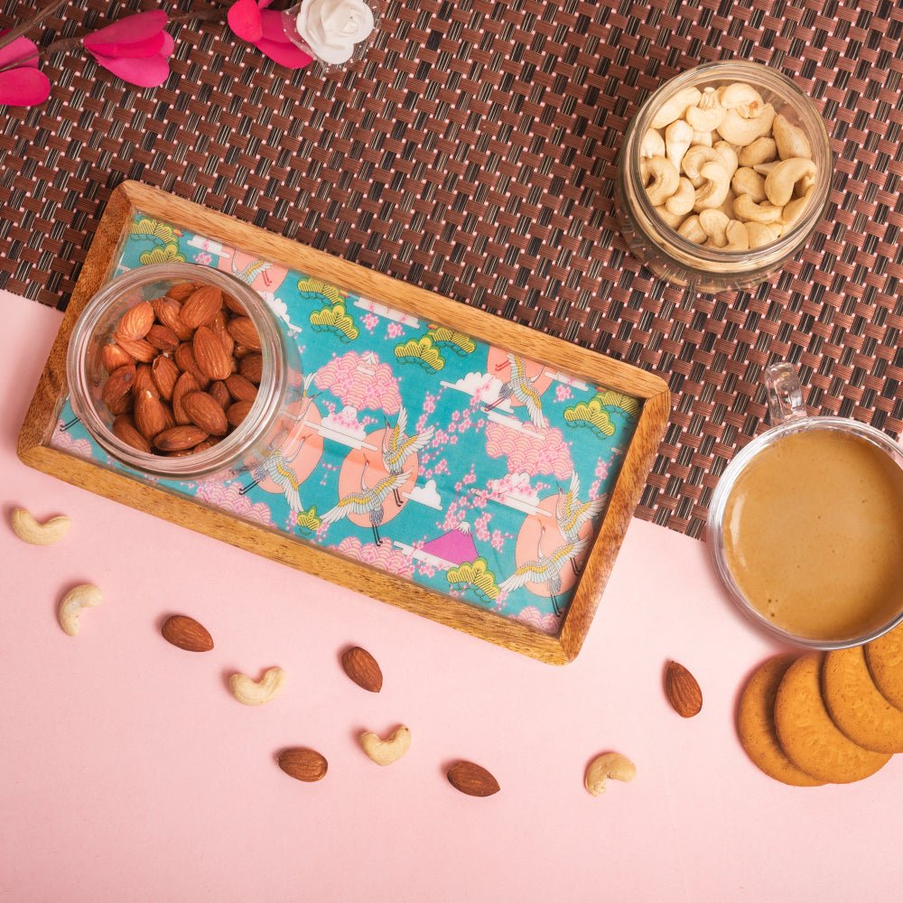 Wooden Tray With Blue Bird Print Design | Verified Sustainable by Brown Living™