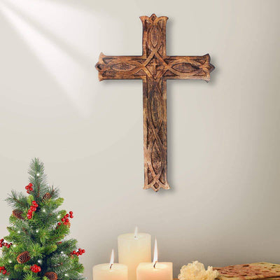 Antique Wooden Wall Hanging | French Cross Plaque - 18" x 12" – Wall Decor on Brown Living™. SKU: 1104. Img 1.