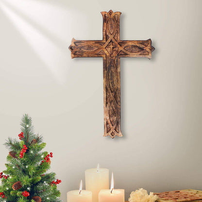 Antique Wooden Wall Hanging | French Cross Plaque - 18" x 12" | Verified Sustainable by Brown Living™