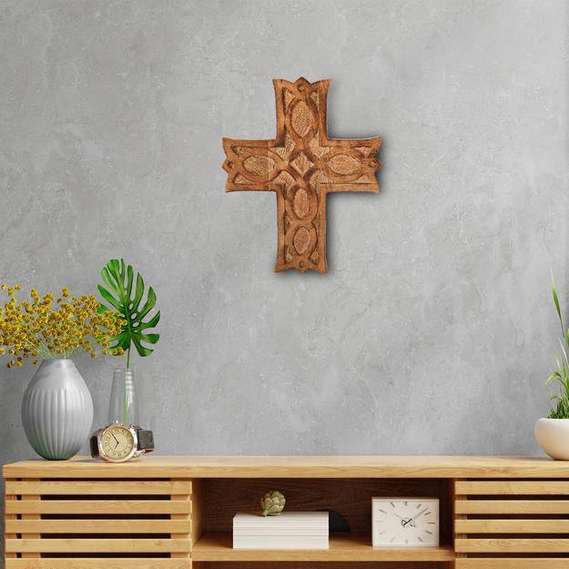 Wooden Wall Hanging French Cross Plaque with Antique Design | Verified Sustainable by Brown Living™
