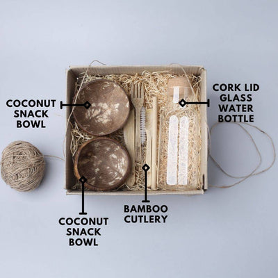 Work From Home Essentials Eco Friendly Gift | Bamboo Cutlery | Coconut Bowls | Cork Water Bottle – Gift Giving on Brown Living™. SKU: TBB - 75. Img 2.