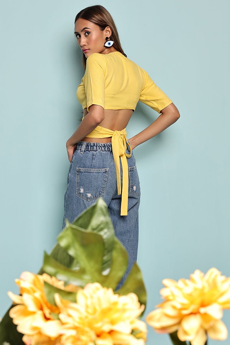 Yellow Cropped Wrap Top | Made with FSC certified sustainable moss crepe | Verified Sustainable by Brown Living™