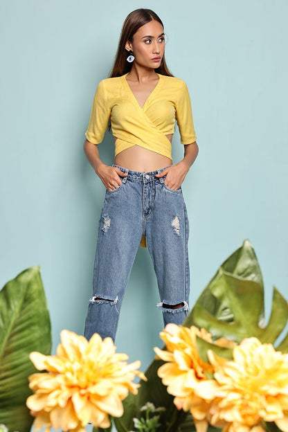 Yellow Cropped Wrap Top | Made with FSC certified sustainable moss crepe | Verified Sustainable by Brown Living™