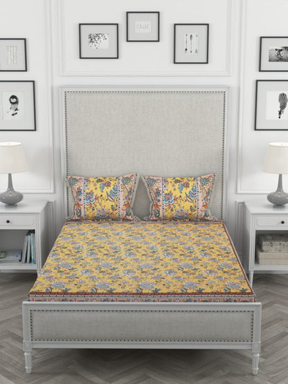 Yellow Floral Print Pure Cotton King Size Bedsheet with 2 Pillow Covers | Verified Sustainable by Brown Living™