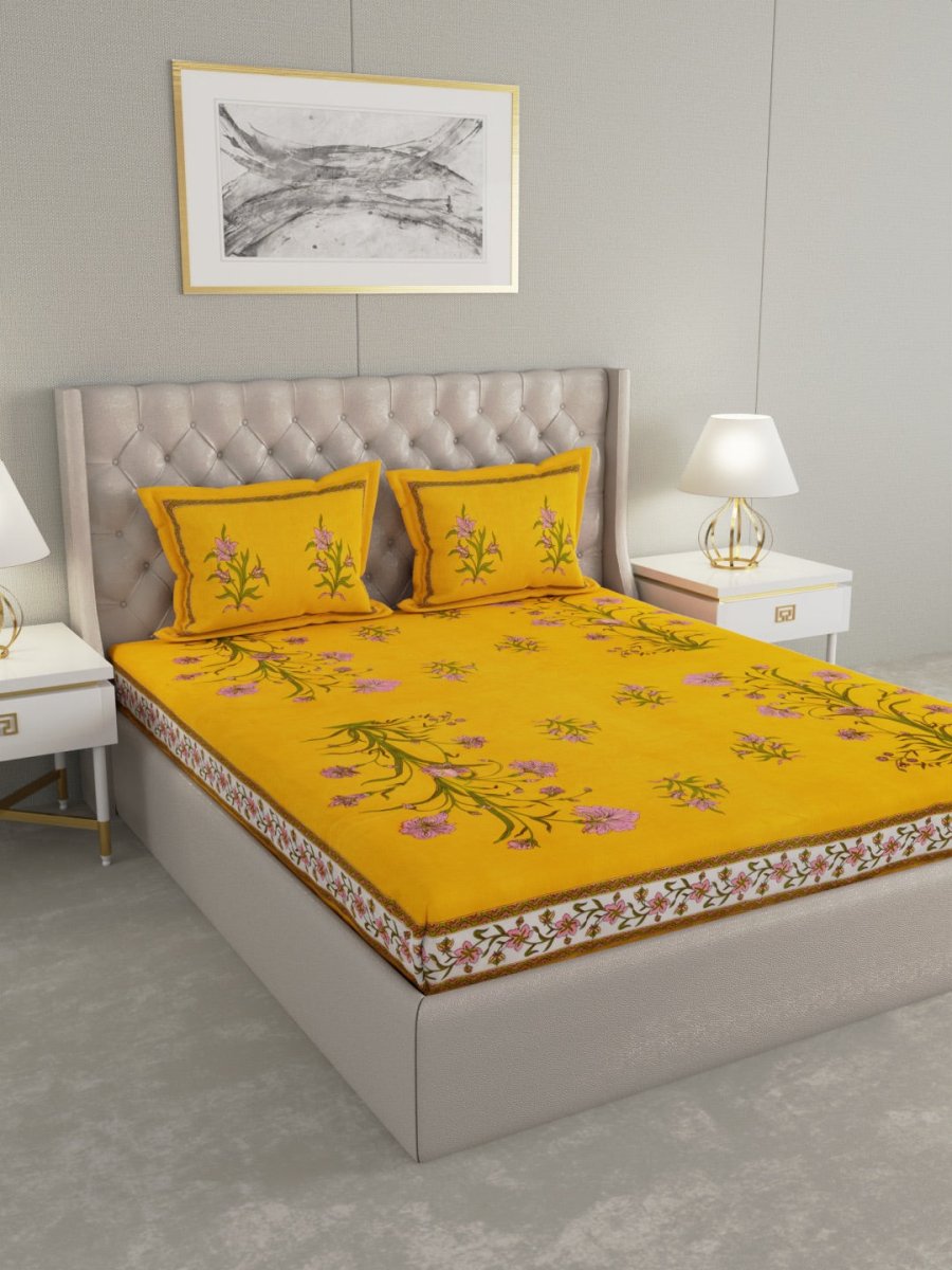 Yellow Hand Block Jaipuri Print Cotton King Size Bedding Set | Verified Sustainable by Brown Living™