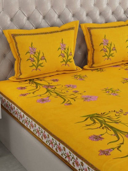 Yellow Hand Block Jaipuri Print Cotton King Size Bedding Set | Verified Sustainable by Brown Living™