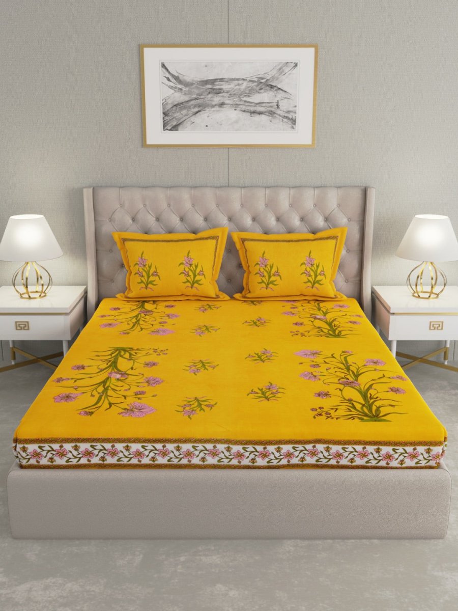 Yellow Hand Block Jaipuri Print Cotton King Size Bedding Set | Verified Sustainable by Brown Living™