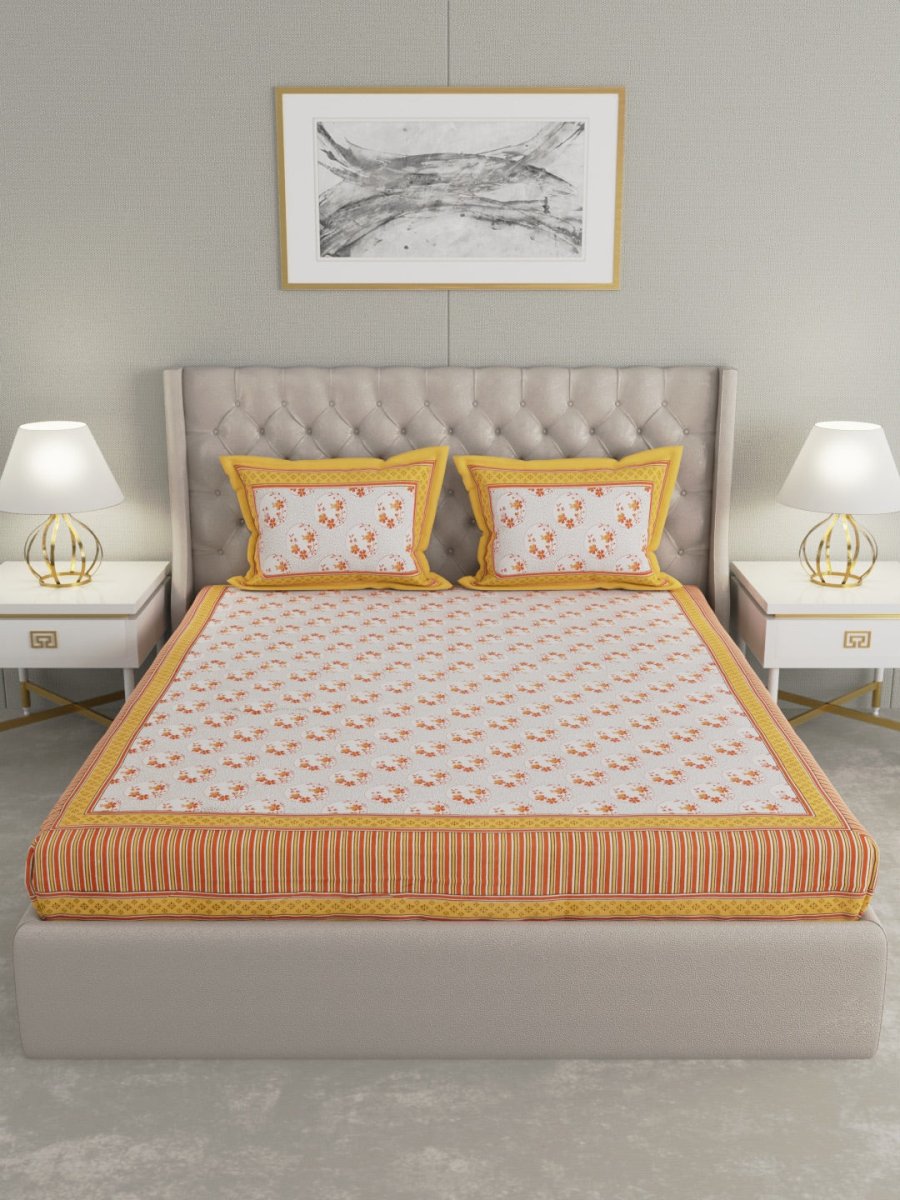 Yellow Hand Block Print Pure Cotton King Size Bedding Set | Verified Sustainable by Brown Living™