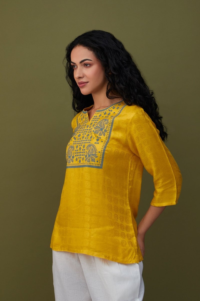 Yellow Jacquard Embroidered Tunic | Verified Sustainable Womens Top on Brown Living™