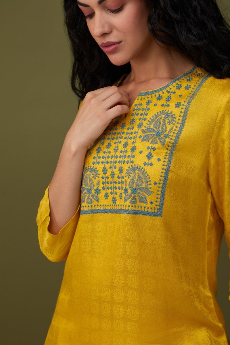 Yellow Jacquard Embroidered Tunic | Verified Sustainable Womens Top on Brown Living™