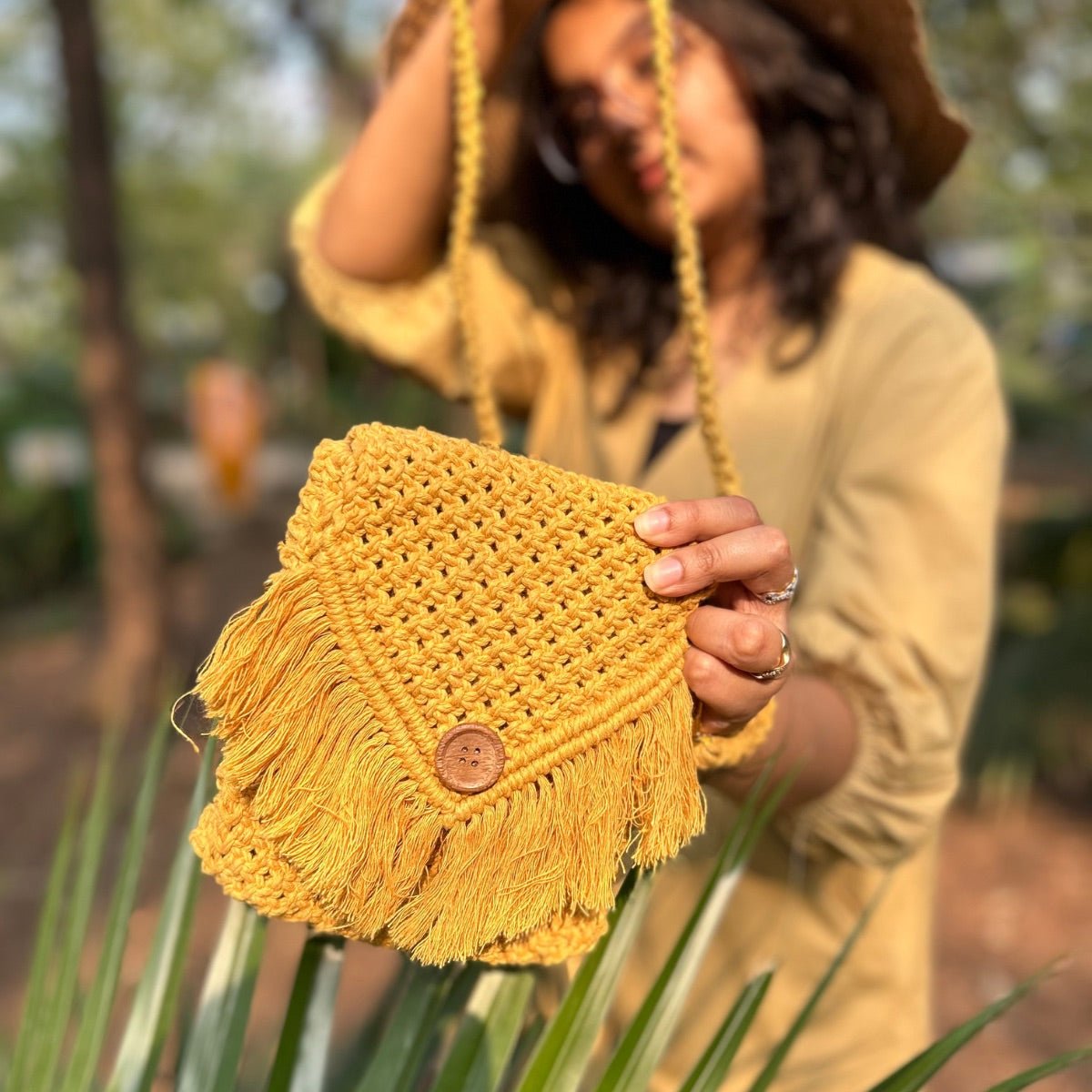 Yellow Macrame Mobile Sling Bag | Verified Sustainable by Brown Living™