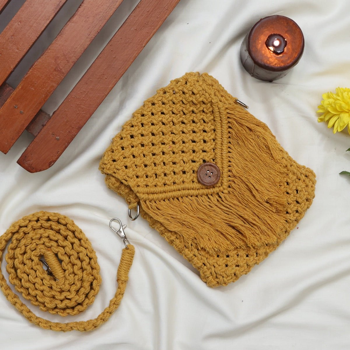 Yellow Macrame Mobile Sling Bag | Verified Sustainable by Brown Living™