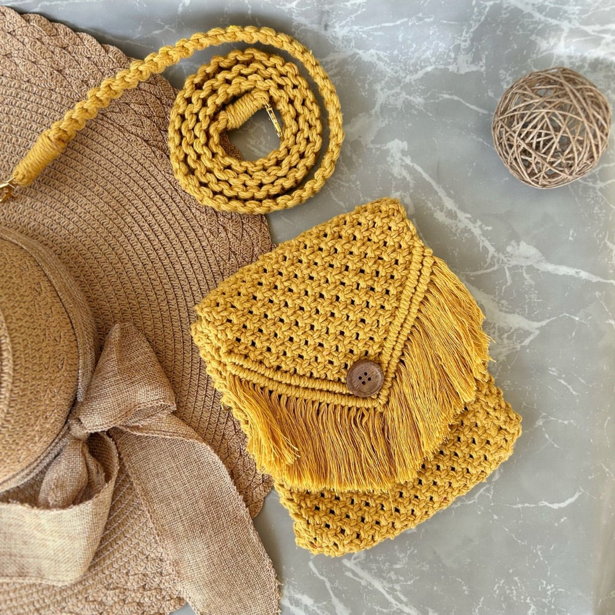 Yellow Macrame Mobile Sling Bag | Verified Sustainable by Brown Living™