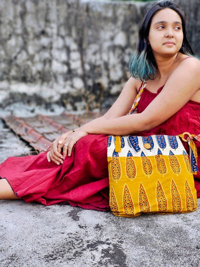 Yellow & Off - White Hand Block Printed Braided Ethnic Sling Bags – Tote Bag on Brown Living™. SKU: 076 - 16633 - AS - BPBG - 001. Img 2.