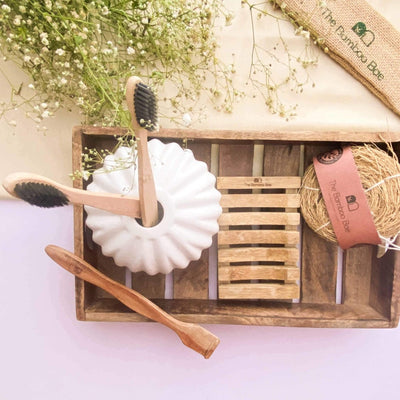 Zero Waste Kit | Personal Care Combo | Soap Tray + Toothbrush + Tongue Cleaner + Loofah – Gift Giving on Brown Living™. SKU: TBB - 76. Img 1.