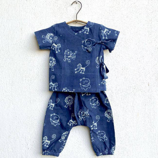 Buy Zoo Print Indigo Angarakha Top with Pants | Shop Verified Sustainable Kids Daywear Sets on Brown Living™