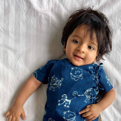 Zoo Print Indigo Angarakha Top with White Pants – Kids Daywear Sets on Brown Living™. SKU: 186 - 06112 - ZOO - ING - ANG+PLN - WHT - PYJ1. Img 2.