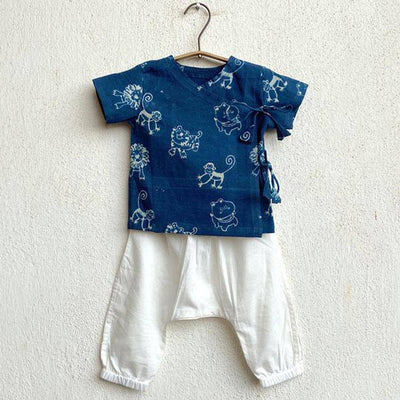 Zoo Print Indigo Angarakha Top with White Pants – Kids Daywear Sets on Brown Living™. SKU: 186 - 06112 - ZOO - ING - ANG+PLN - WHT - PYJ1. Img 1.