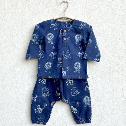 Zoo Print Organic Cotton Indigo Kurta with Pants | Verified Sustainable by Brown Living™