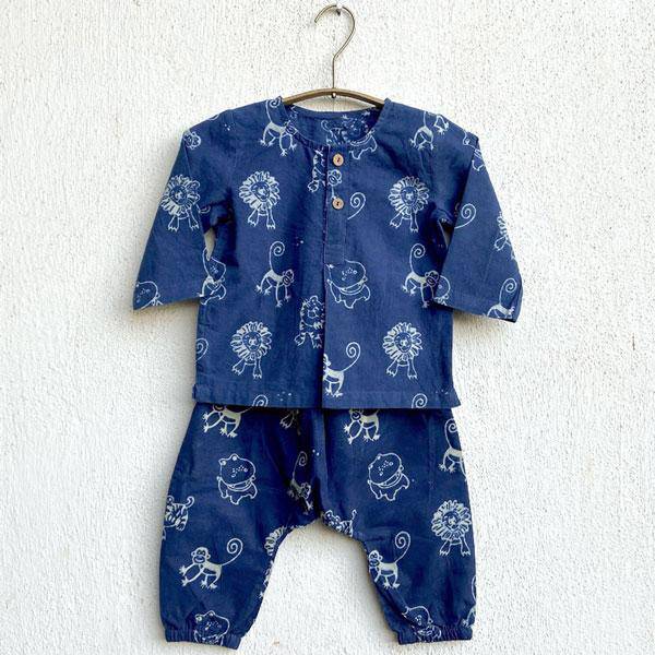 Buy Zoo Print Indigo Kurta with Pants | Shop Verified Sustainable Kids Daywear Sets on Brown Living™
