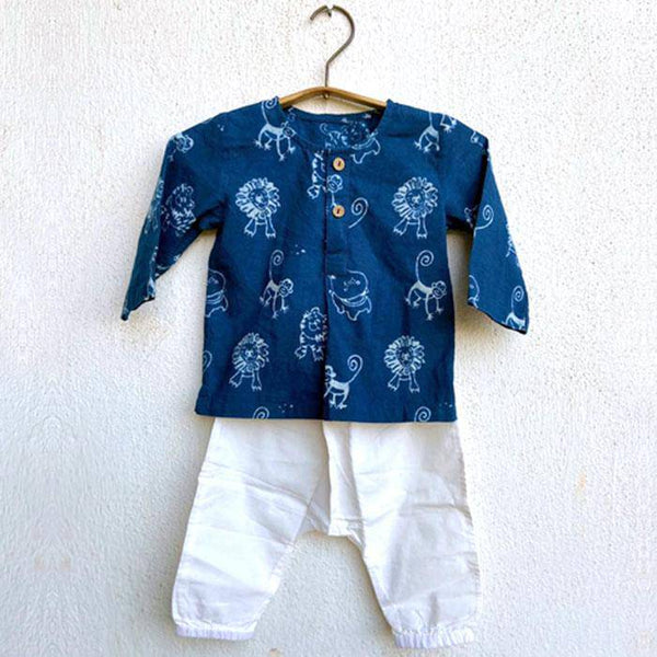 Buy Zoo Print Indigo Kurta with White Pants | Shop Verified Sustainable Kids Daywear Sets on Brown Living™